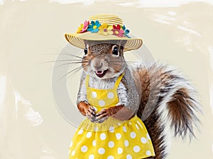 Cute Watercolor Squirrel In Summer Outfit.