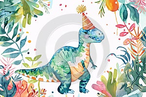 Cute watercolor style Tyrannosaurus Rex dinosaur with birthday party hat