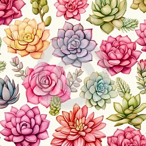 Cute watercolor succulents mix. Multi-colored succulents on white background.