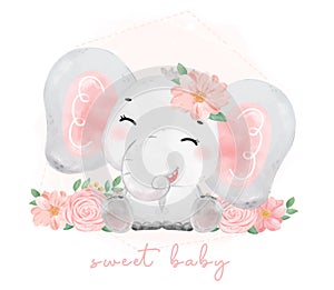 Cute watercolor sweet floral baby elephant wildlife safari animal hand drawn painting illustration vector