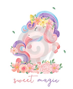Cute watercolor sweet floral magical purple baby Unicorn in flower garden, nursery cartoon painting vector illustration