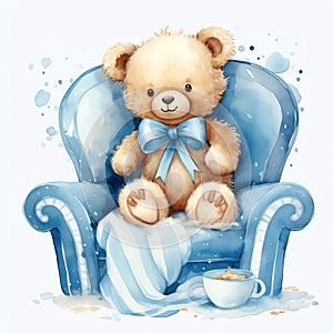 Cute watercolor teddy bear in blue bed boy illustration, teddy bears clipart