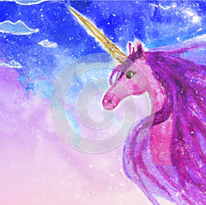 Cute watercolor unicorn and a background of sky and stars.