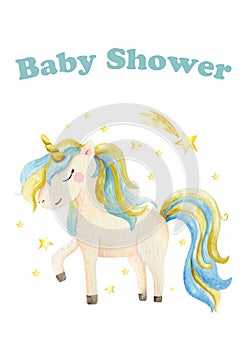 Cute watercolor unicorn and flowers clipart. Nursery unicorns illustration. Princess unicorns poster. Trendy cartoon horse. Baby