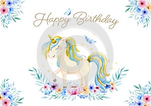 Cute watercolor unicorn and flowers clipart. Nursery unicorns illustration. Princess unicorns poster. Trendy cartoon horse. Happy