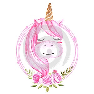 Cute watercolor unicorn illustration with floral wreath pink