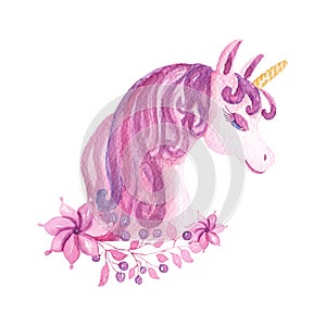 Cute watercolor unicorns clipart with flowers. Nursery unicorn illustration. Princess rainbow poster. Trendy pink and violet