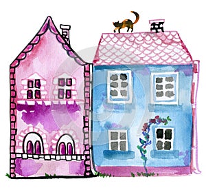 Cute watercolor Vintage houses isolated on white background.Hand drawn illustration.