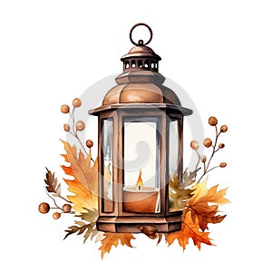 Cute watercolor vintage lantern fall autumn leaves, illustration