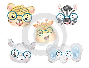 Cute watercolor wildlife animal wearing eyeglasses, nerdy woodland lion, monkey, bear, hippo, elephant nursery hand drawn illustra