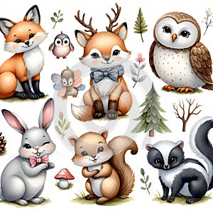 cute watercolor wildlife baby animals illustrations set