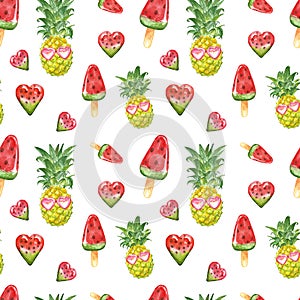 Cute watercolour summer pattern with fresh pineapple fruits, sunglasses, watermelon posicles on white background