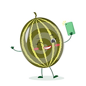 Cute watermelon cartoon character with a smartphone and does selfie.