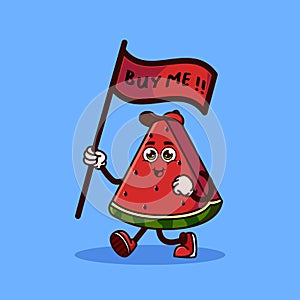 Cute Watermelon fruit character carrying a flag that says buy me. Fruit character icon concept isolated. Emoji Sticker. flat