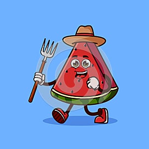 Cute Watermelon fruit Farmer character with pitchfork. Fruit character icon concept isolated. flat cartoon style Premium Vector