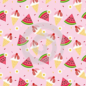 Cute watermelon and ice cream seamless pattern