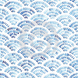Cute wavy seamless watercolor pattern. Blue waves on a white background. Paper texture. Seigaiha ornament