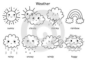 Cute weather characters black and white set for kids. Funny sun, clouds, rainbow clipar
