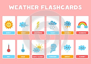 Cute weather elements with names. Flash cards for children.