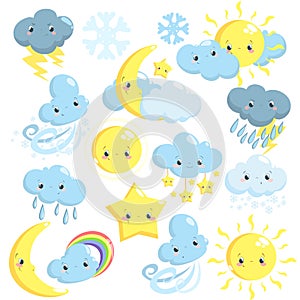 Cute weather icons collection with sun, moon, clouds, star, snowflakes, rain