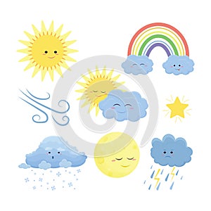 Cute weather icons set in cartoon flat style isolated on white background. Vector illustration of sun, rain, storm, snow