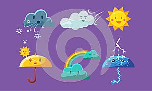Cute Weather Icons Set, Colorful Forecast Meteorology Symbols Vector Illustration