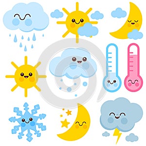 Cute weather icons. Vector illustration set