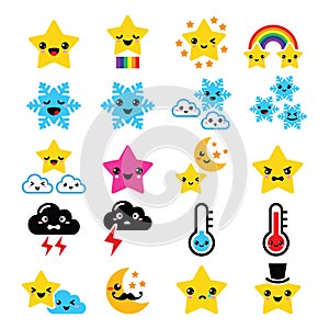 Cute weather kawaii icons -star, rainbow, moon, snowflake, thunders and cloud