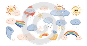 Cute weather phenomena - clouds, wind, rainbow, thunderstorm, tornado, snow, rain, sun and crescent moon. Adorable