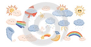 Cute weather phenomena - clouds, wind, rainbow, thunderstorm, tornado, snow, rain, sun and crescent moon. Adorable photo