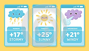 Cute Weather Screen with Sun and Cloud Vector Template