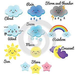 Cute weather and sky elements. Kawaii moon, sun, rain and clouds vector illustration for kids, design elements for childr