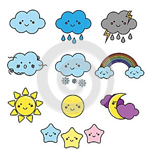 Cute weather and sky elements. Kawaii moon, sun, rain clouds vector illustration for kids, isolated design children