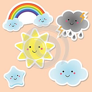 Cute weather and sky elements. Kawaii sun, rainbow, clouds. vector stickers for kids, isolated design elements. Children labels