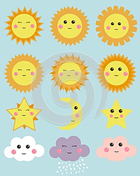 Cute weather: sun, moon, star, clouds. Design elements for kids illustrations.