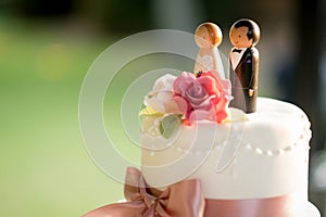 Cute wedding cake figures over an elegant white wedding cake with roses