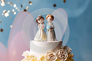 Cute wedding cake topper with two brides. Gay marriage concept.