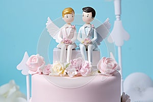 Cute wedding cake topper with two grooms. Gay marriage concept. Generative AI