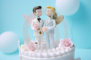 Cute wedding cake topper with two grooms in tuxedos. Gay marriage concept. photo