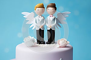 Cute wedding cake topper with two grooms in tuxedos. Gay marriage concept. Generative AI il photo