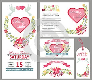Cute wedding card design template set.Floral decor