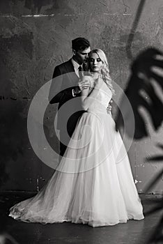 Cute wedding couple in the interior of a classic studio decorated. They kiss and hug each other