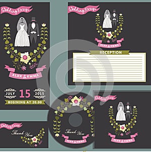 Cute wedding design template set with floral wreath