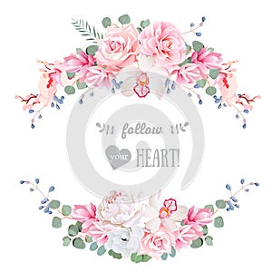 Cute wedding floral vector design frame. Rose, peony, orchid, anemone, pink flowers, eucaliptus leaves.