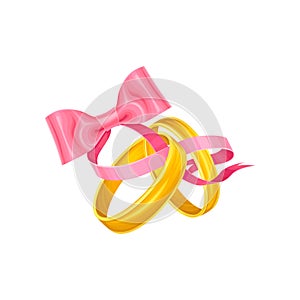 Cute wedding holiday illustration with two golden rings tied with pink ribbon bow, simple classic items design. For