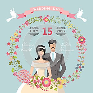 Cute Wedding invitation.Floral wreath,cartoon bride,groom