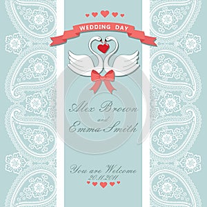 Cute wedding invitation.Paisley border lace,cartoon swans.Vintage