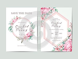 Cute wedding invitation template. Watercolor peonies and roses cards