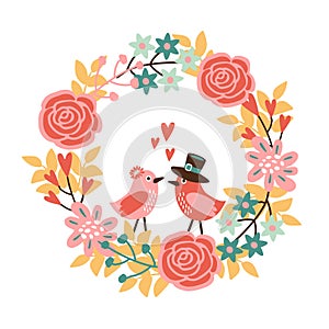 Cute wedding, mothers day or spring card, invitation with floral wreath and birds in love,