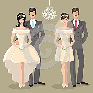 Cute wedding set of cartoon couple bride and groom